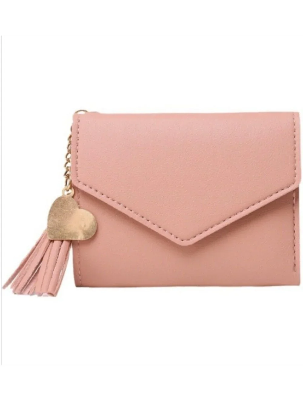 Womens Pink Trifold Wallet Faux Leather Card Holder Cash ID Heart Tassel
